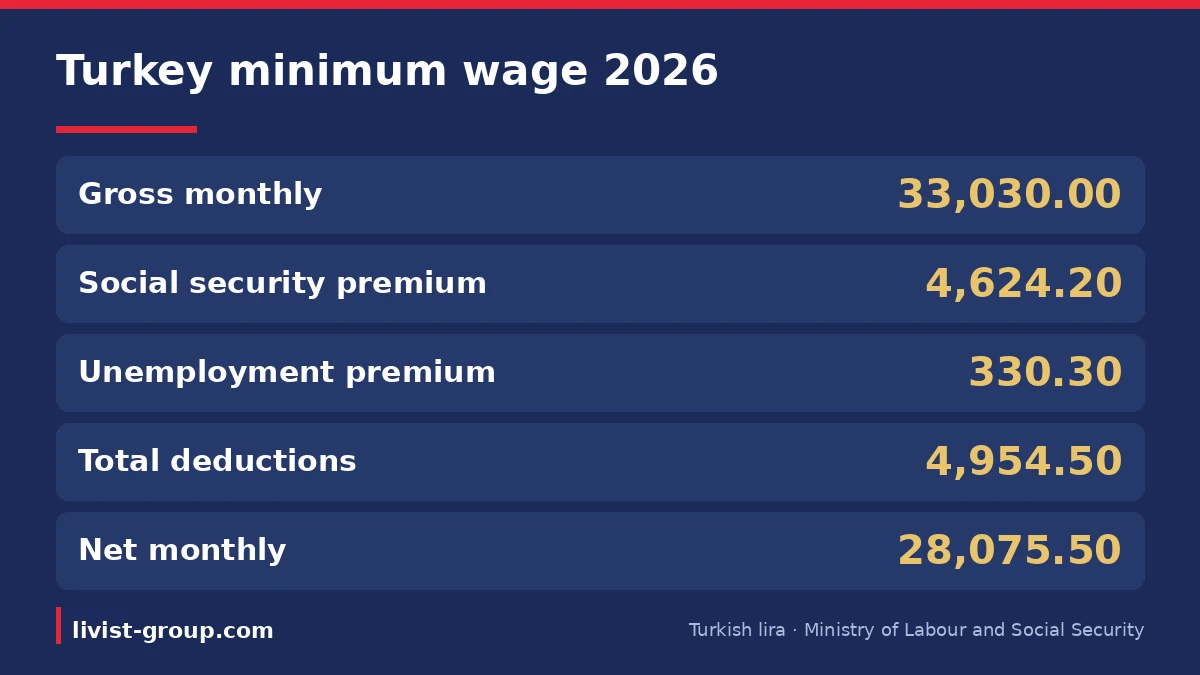 The components of Turkiye's 2026 minimum wage in Turkish lira per the Ministry of Labour and Social Security.