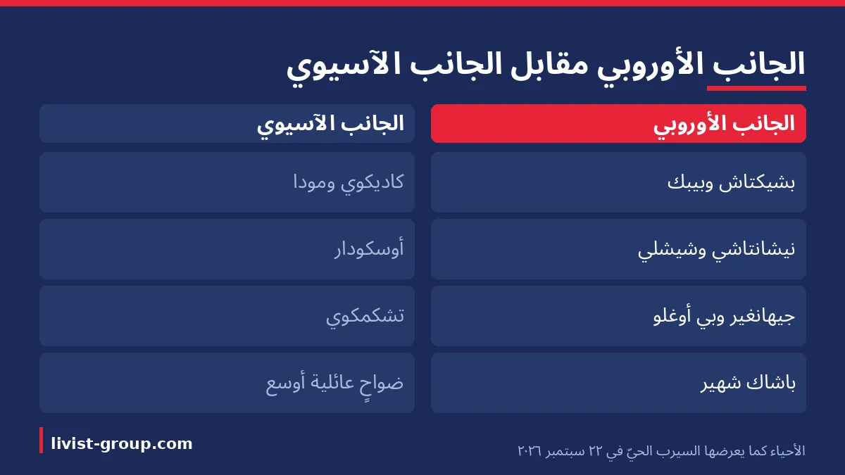 أحياء الجانب الأوروبي مقابل أحياء الجانب الآسيوي كما يعرضها السيرب الحيّ في 22 سبتمبر 2026.