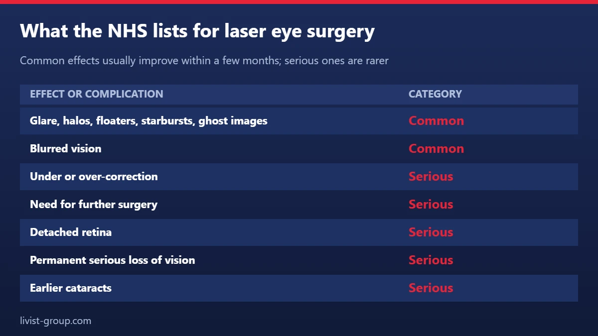 Common side effects and serious complications of laser eye surgery as listed by the NHS