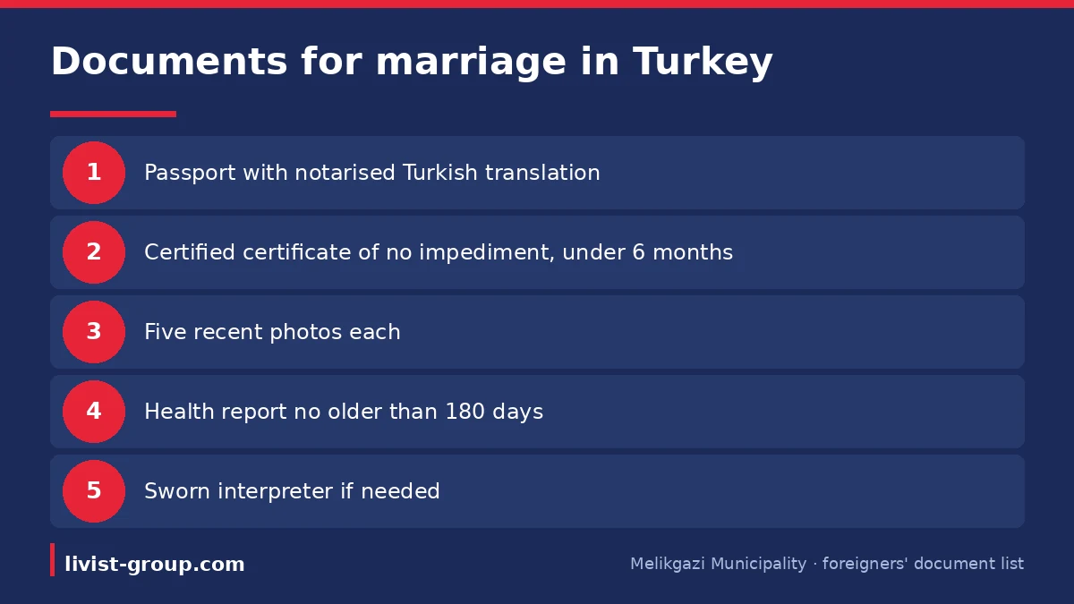 Documents for marriage in Turkey as a foreigner: notarised passport, recent certificate of no impediment, five photos an