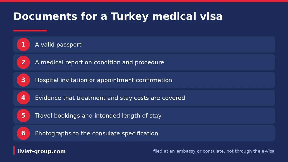 The documents in a Turkey medical visa file, filed at an embassy or consulate rather than through the e-Visa system.