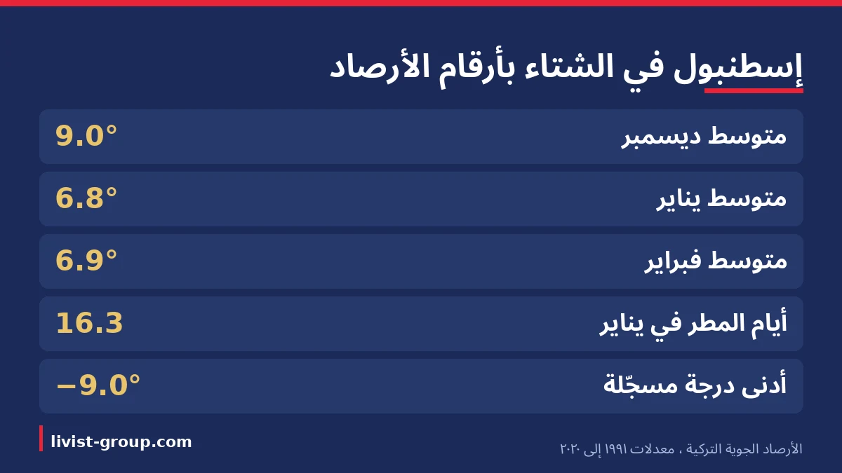 إسطنبول في الشتاء بأرقام الأرصاد: متوسط ديسمبر ويناير وفبراير، وأيام المطر في يناير، وأدنى درجة مسجّلة.