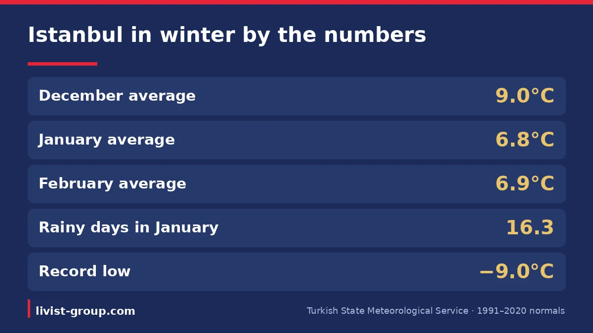 Istanbul in winter by the numbers: December, January and February averages, January rainy days and the record low.