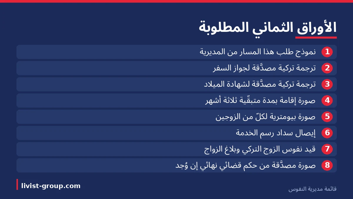 الأوراق الثماني المطلوبة لمسار الزواج كما تنشرها مديريات النفوس التركية.